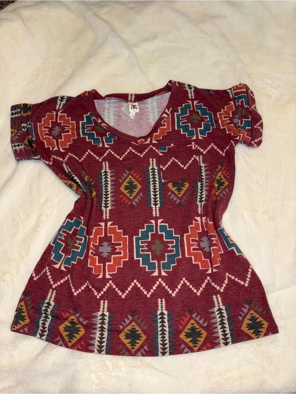 Sew In Love Burgundy Aztec-Print V-Neck Short Sleeve Top